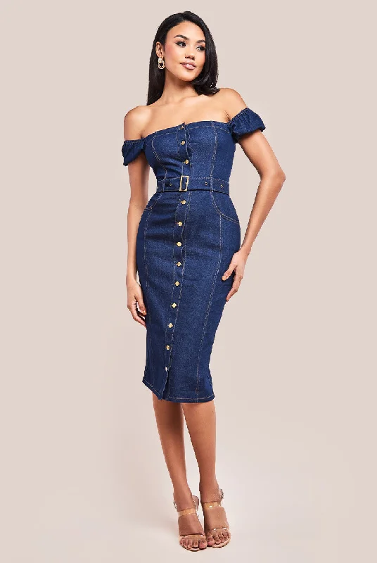 Goddiva Denim Button Down Bodycon Bardot Midaxi Dress - Navy Denim