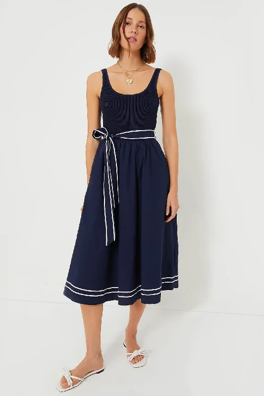 Nautical Navy Poplin Rib Midi Dress