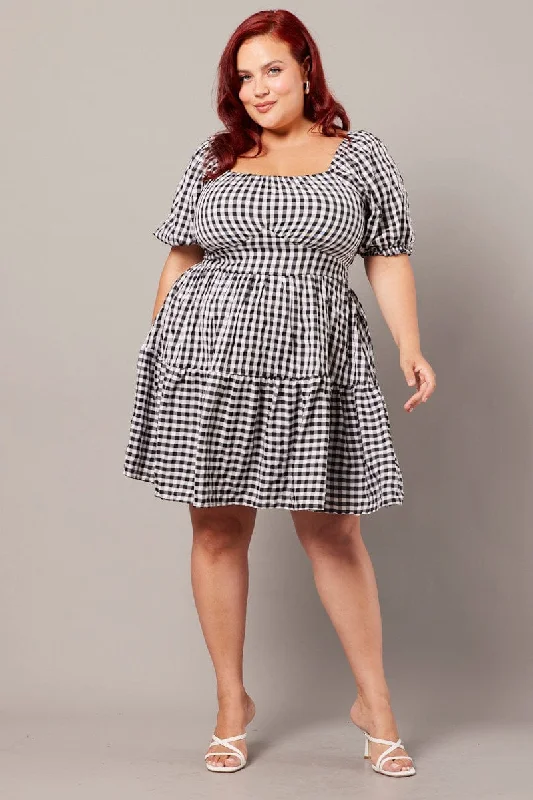 Black Check Gingham Sweetheart Mini Dress