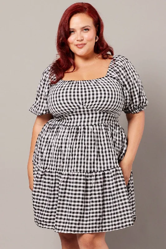 Black Check Gingham Sweetheart Mini Dress