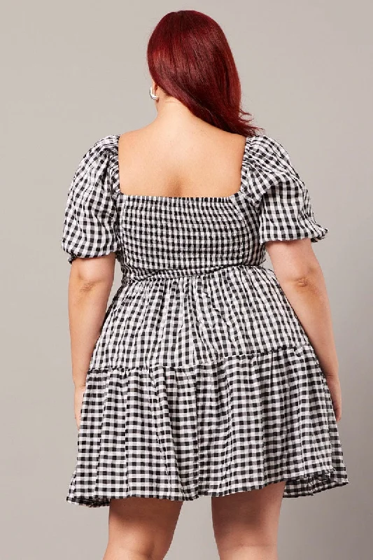 Black Check Gingham Sweetheart Mini Dress