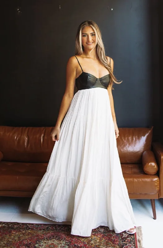 Caviar Dreams Maxi Dress - Ivory and Vegan Black Leather