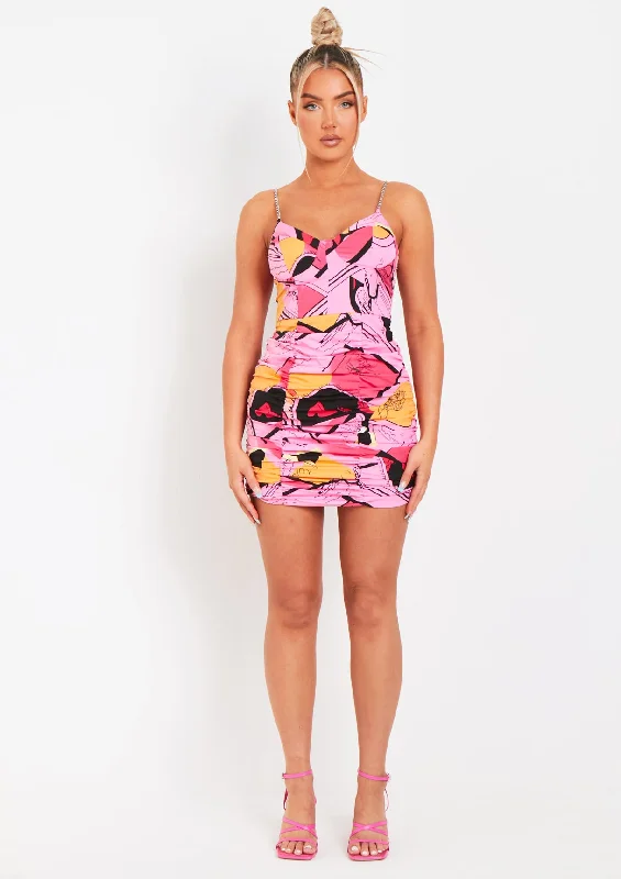 Fatima Pink Abstract Printed Ruched Chain Strap Mini Dress