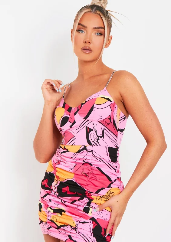 Fatima Pink Abstract Printed Ruched Chain Strap Mini Dress