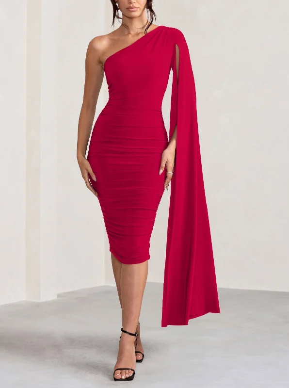 MUSE RED ONE SHOULDER CAPE RUCHED MIDI DRESS