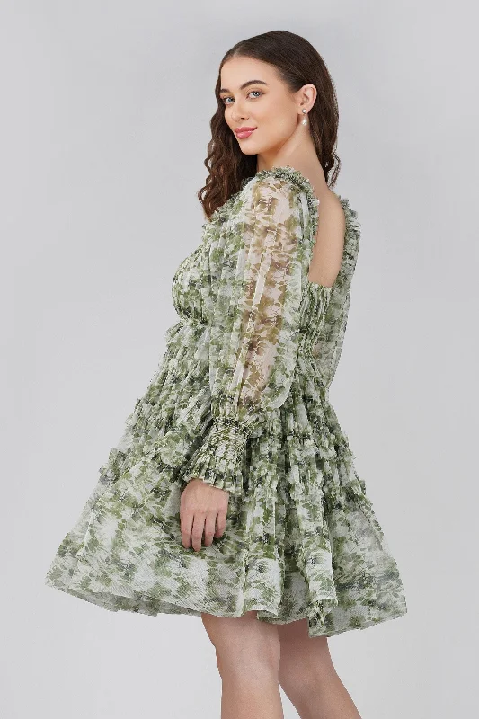 Petite Jessica Tulle Dress in Green Print