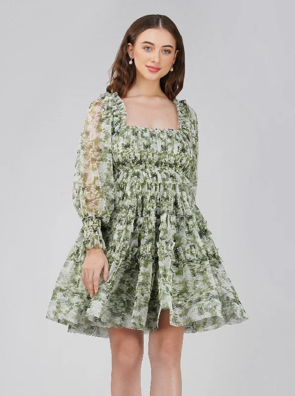 Petite Jessica Tulle Dress in Green Print