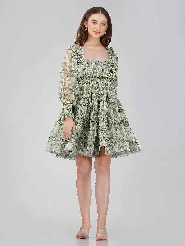 Petite Jessica Tulle Dress in Green Print