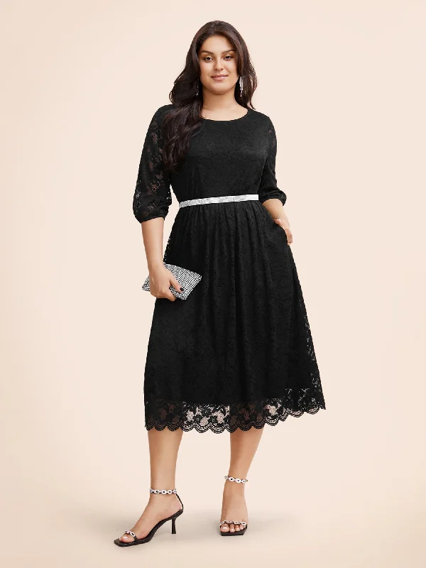 Round Neck Crochet Lace Mesh Midi Dress