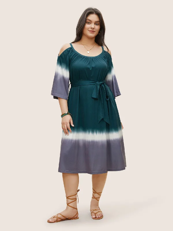 Tie Dye Gathered Cold Shoulder Belted Dress