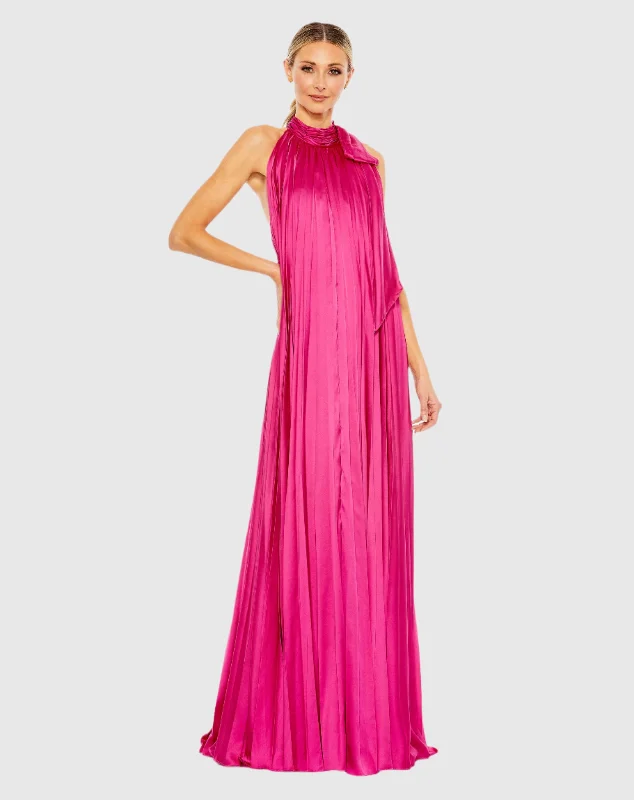 Pleated Trapeze Halter Neck Gown