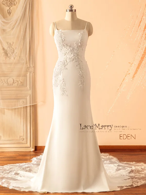 EDEN / Straight Neckline Wedding Dress with Romantic Lace Train