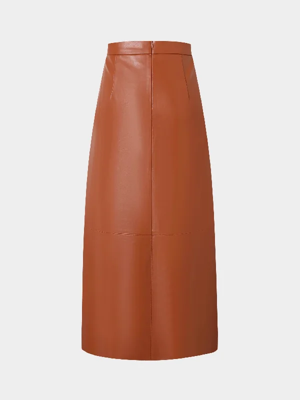 Leather A-Line Skirt-Cognac