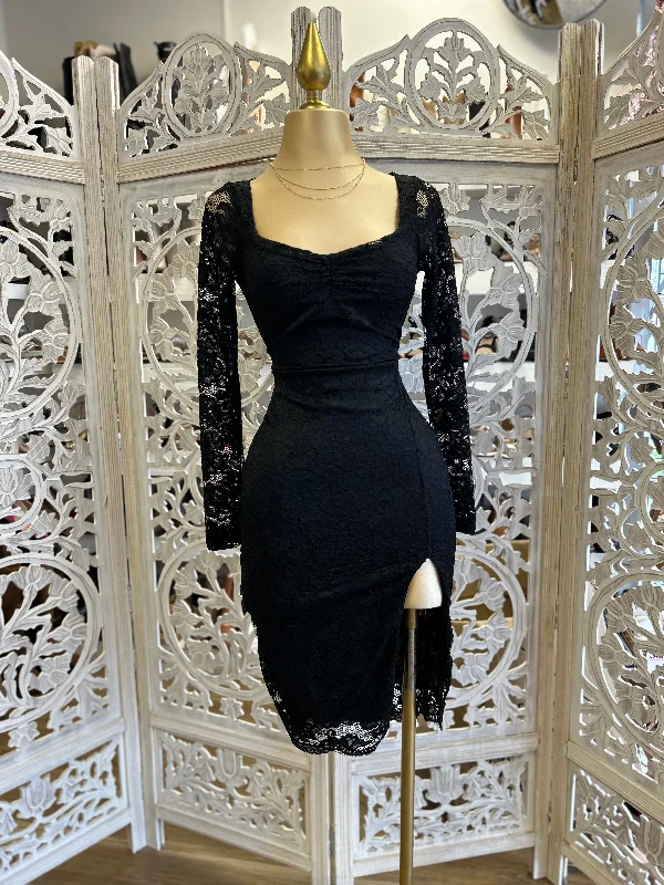 Steals and Deals Await!Black Lace Square Neck Slit Dress- Stretchy