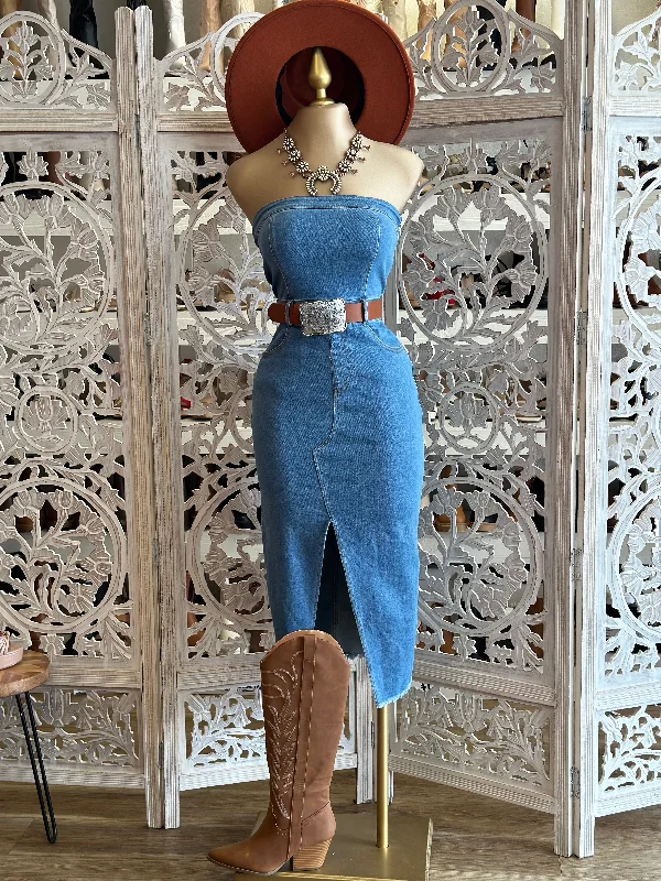 Grab Yours Before It’s Too Late!Denim Strapless Slit Dress-  Slightly Stretchy