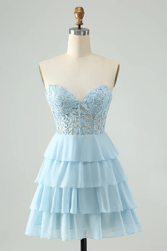 Your Favorite Items on Sale Now!Light Blue A Line Sweetheart Tiered Short Graduation Dress with Appliques