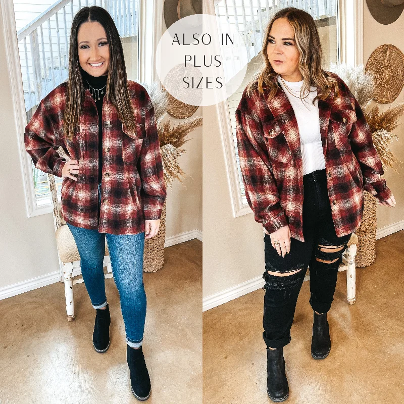 Save Up to 50% Off!Original Idea Plaid Button Up Shacket in Maroon