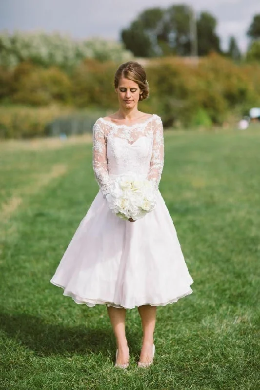 Upgrade for Less!Lace Long Sleeves Tea-Length Wedding Dresses with Organza Skirt