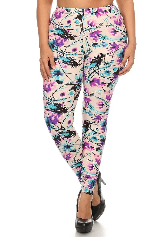 Limited Stock Available!Plus Size Floral Print, Full Length Leggings In A Slim Fitting Style With A Banded High Waist