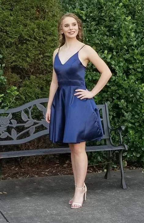 Shop Now and Save!Mini V Neck Homecoming Dress Spaghetti Straps Navy Blue cg3731