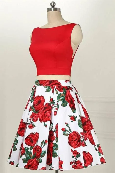 Your Favorite Sale is Back!Two Piece Bateau Sleeveless Red Printed Satin Homecoming Dress  cg3411