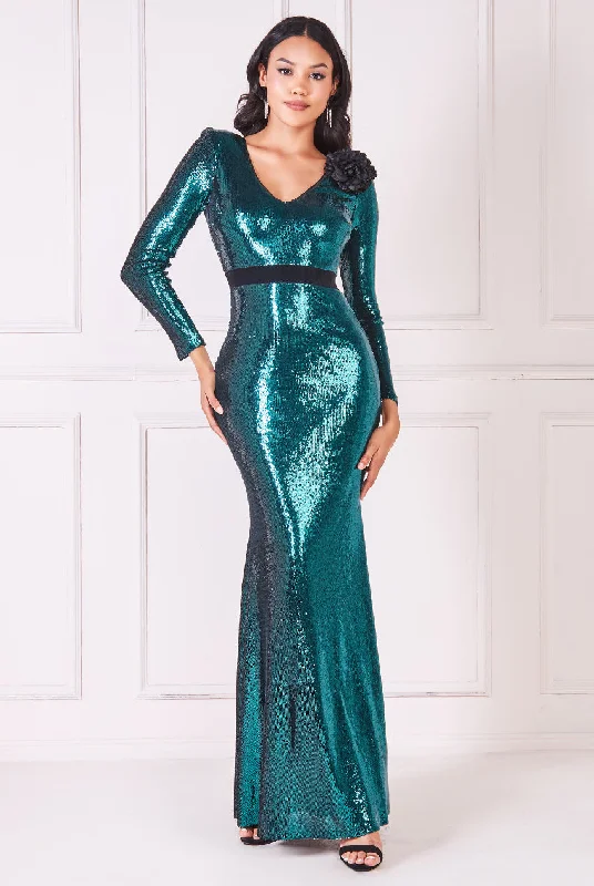 Exclusive Savings This Week!Goddiva Liquid Sequin Corsage Maxi - Emerald Green