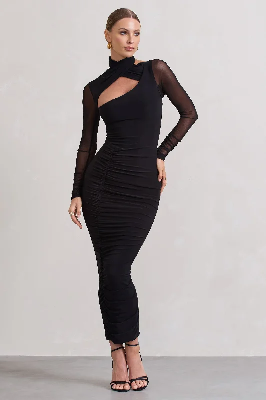 Shop Today, Save Tomorrow!Under Wraps | Black Ruched Cut Out Long-Sleeve Midi Dress