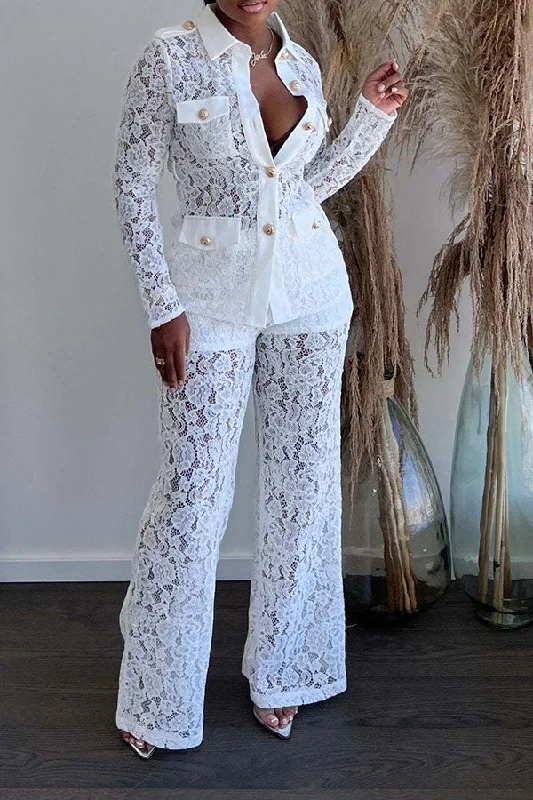 Huge Savings – Act Now!Lace Classic Single Breasted See-Through Pant Suit