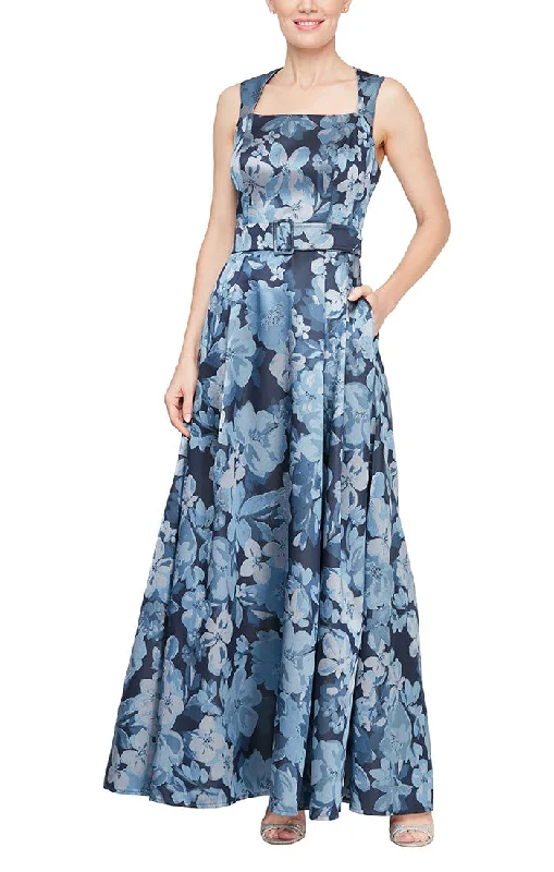 Your Discount is Waiting!Long Sleeveless Printed Jacquard Dress with Square Neckline and Structured Belt