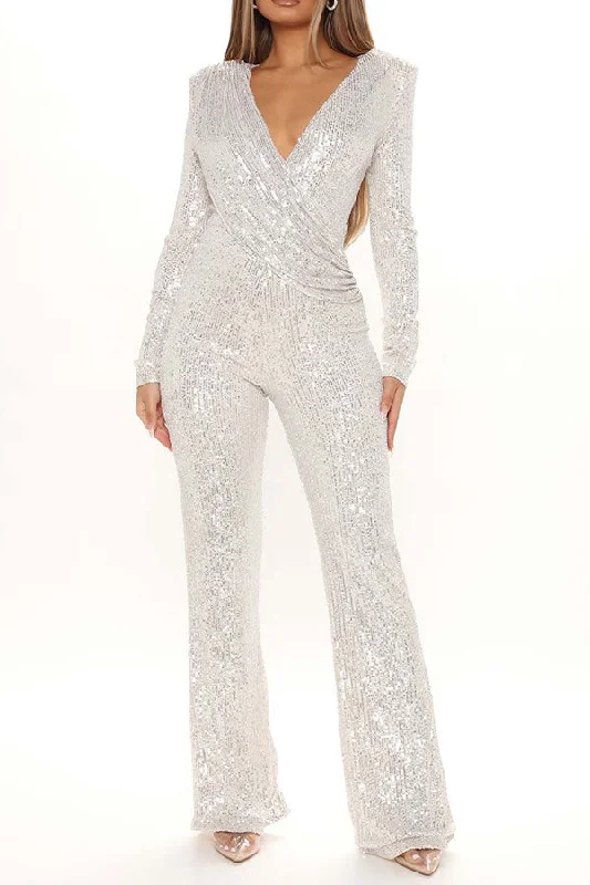 One Day Only – Huge Savings!Sequined Glittery Deep V Neck Jumpsuit