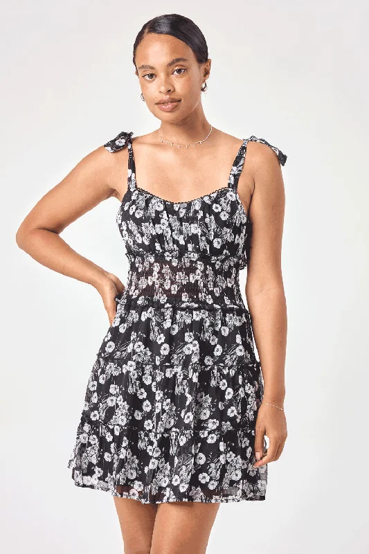 Unlock Huge Savings Now!Black White Floral Tie Shoulder Dress