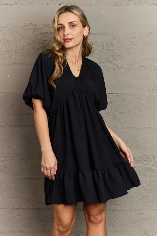 Instant Savings Await!Comfort Cutie Black  V-Neck Puff Sleeve Short Dress