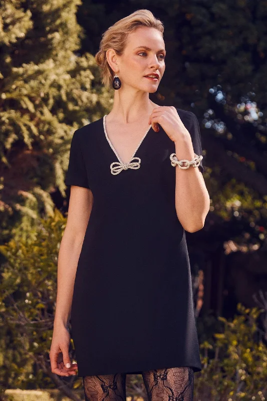 Shop Smart, Save Big!OBELLE V-NECK SHORT SLEEVE DRESS RHINESTONE TRIM
