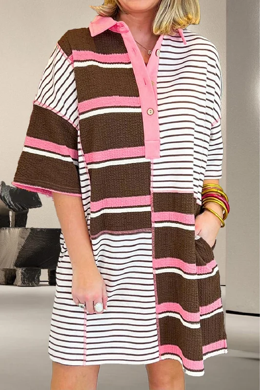 Save Like Never Before!Striped Collared Neck Half Sleeve Mini Dress